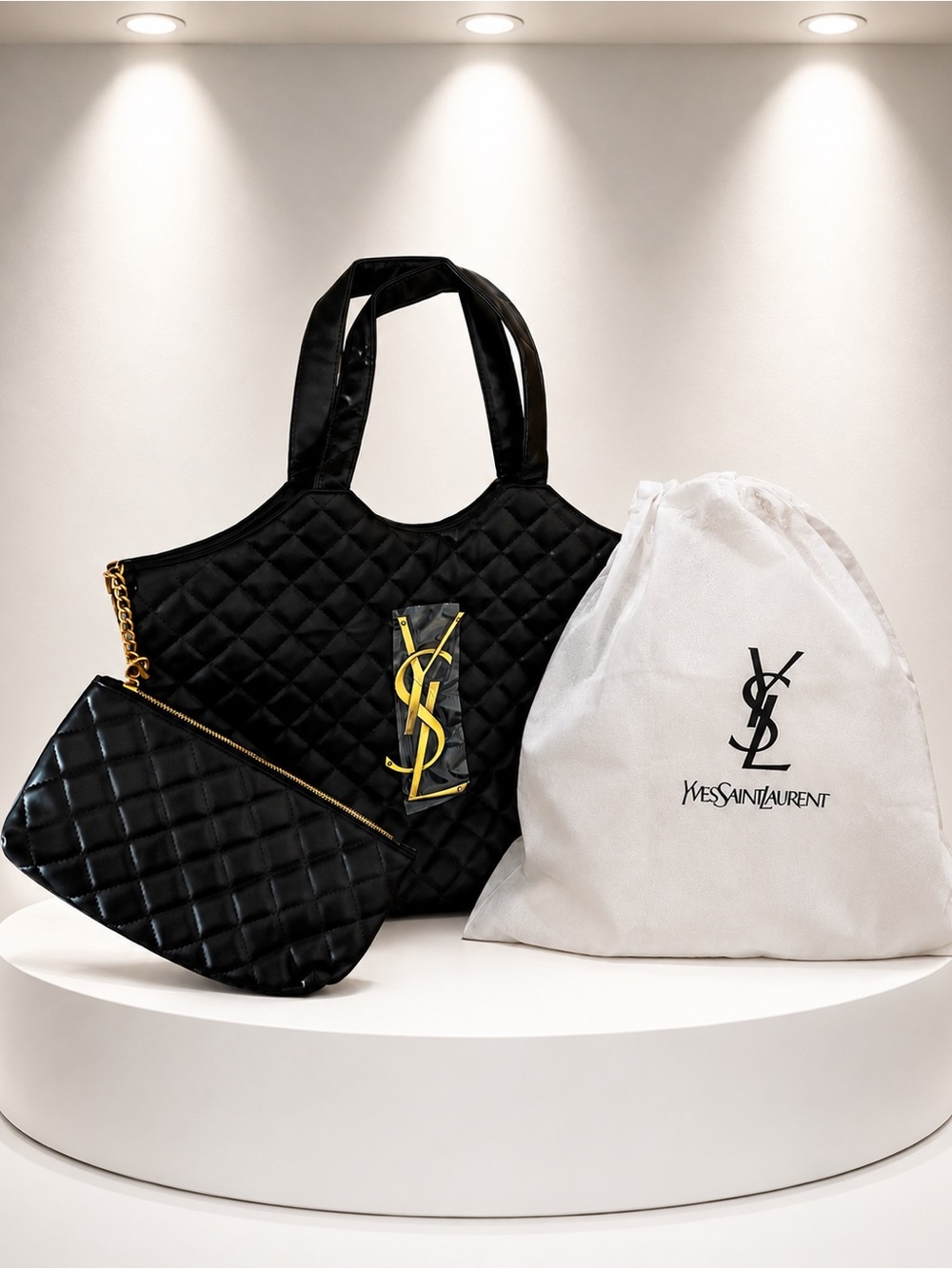 Designer inspired Lambskin quilted Logo Tote bag in black w/ gold hardware